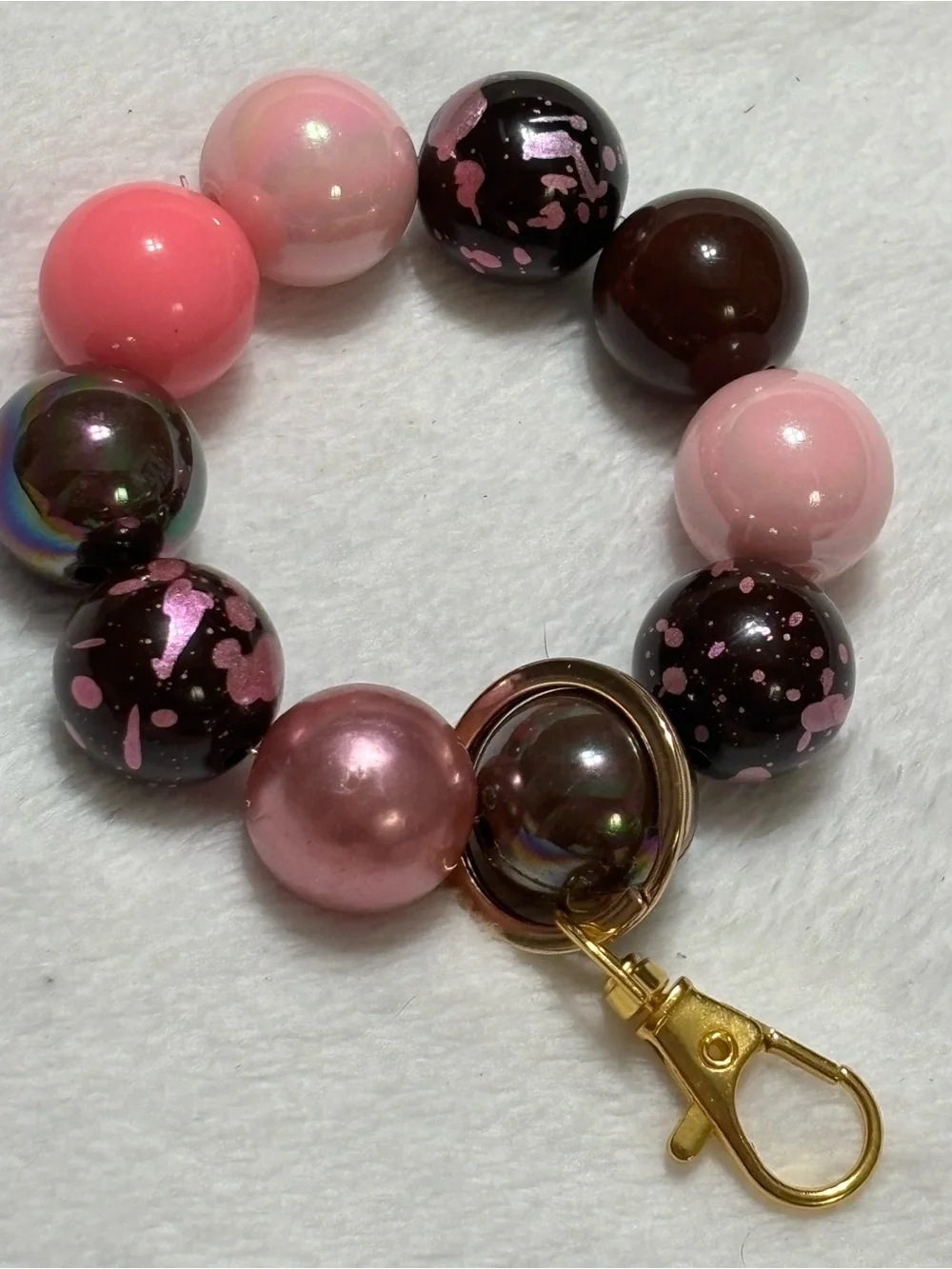 Pink & Brown Beaded Keychain Bracelet